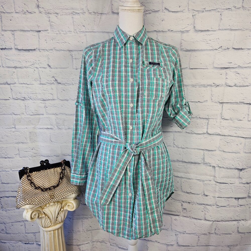 Columbia PFG Size Small Green Plaid Super Bonehead Vented Shirt Dress Tab Sleeve